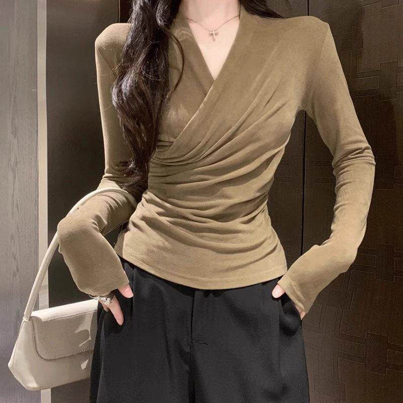 磨毛德绒打底衫女春秋2025新款内搭修身长袖T恤掐腰v领不规则上衣