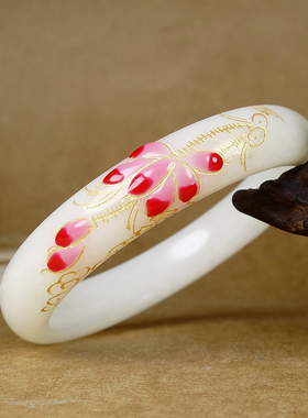 内径55mm收藏级新疆和田玉羊脂白玉青花籽料珐琅彩绘手镯40.00g