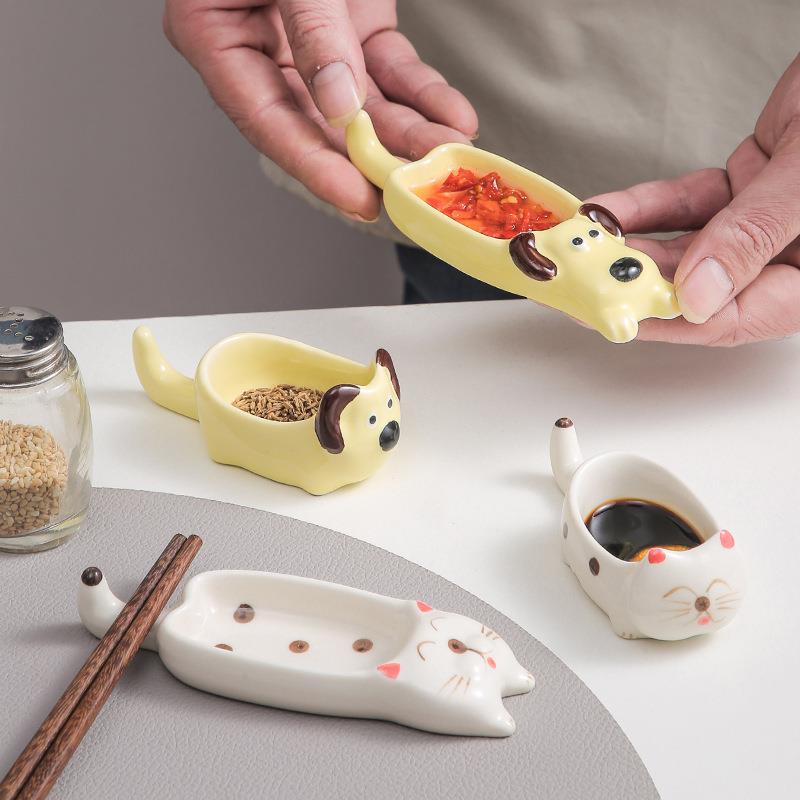 卡通小狗酱料碟家用陶瓷高颜值筷子托架创意小吃小碟子调味调料碟
