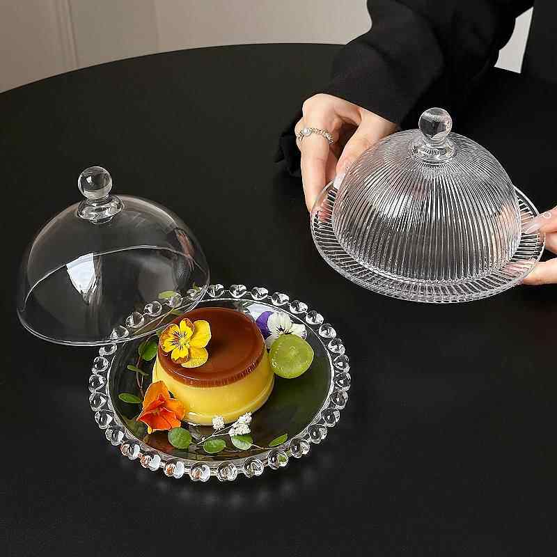 日式ins迷你条纹甜品盘套装蛋糕展示盒带盖玻璃罩小吃点心茶点盘