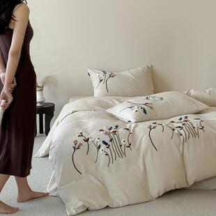 轻奢高端复古简约被套床单床笠床品 刺绣亚麻棉麻四件套 白薇 法式