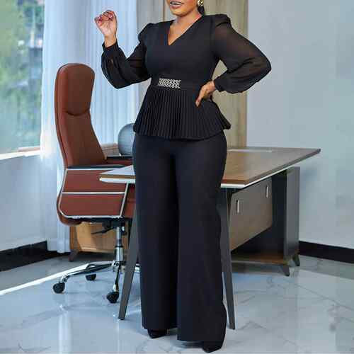 Women's office collar, long sleeves, waist cinched top,