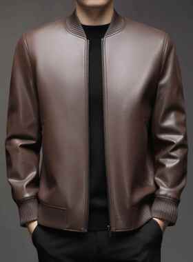 衣男秋冬新品中9256-BB青皮年时松尚休皮闲拉链立领外套宽薄款夹