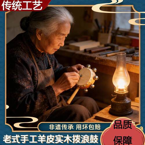 拨浪鼓哗啦棒老式手工非遗羊皮牛皮新生婴儿可啃咬传统木质儿童