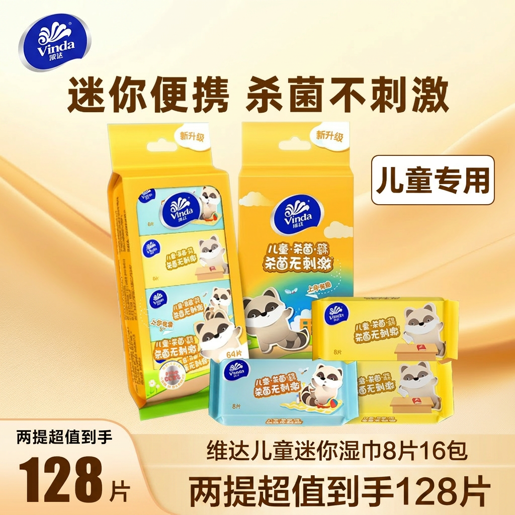 维达儿童湿巾小包随身装8片16包迷你便携杀菌宝宝手口湿纸巾