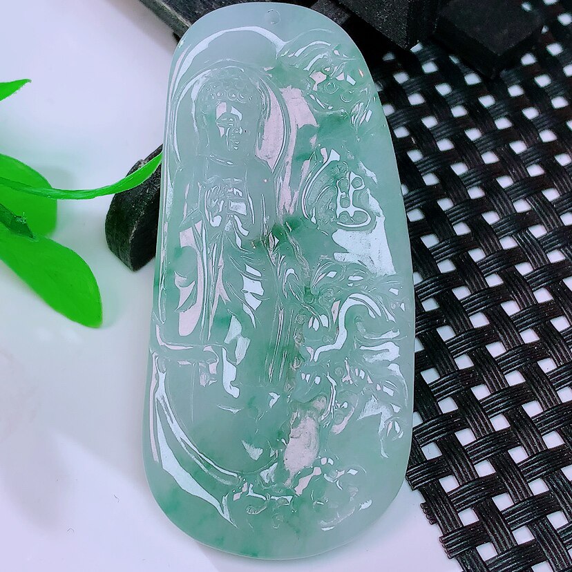 缅甸天然真品翡翠冰蓝满色飘花高端精品珠宝水润闪拍观音玉石吊坠