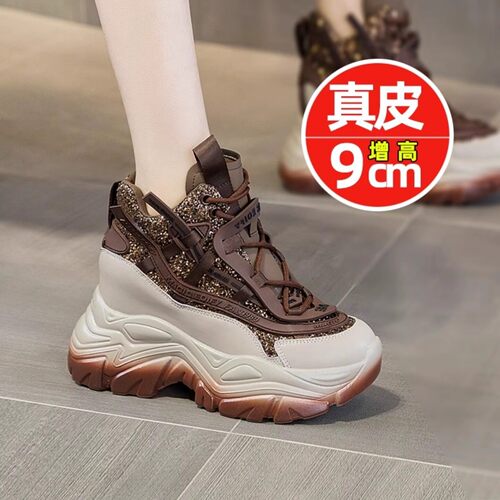 韩国超高跟老爹鞋女2025夏季新款真皮内增高厚底9CM小个子休闲 鞋