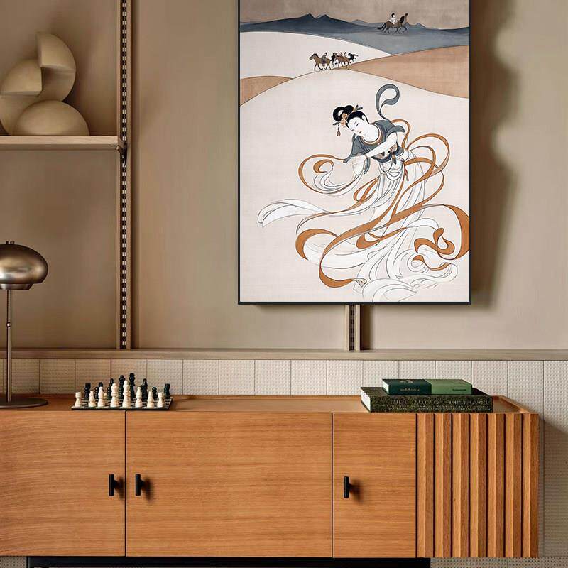 茶室书房新中式竖版古典人物装饰画客厅玄关芙仙踏云高端大气挂画