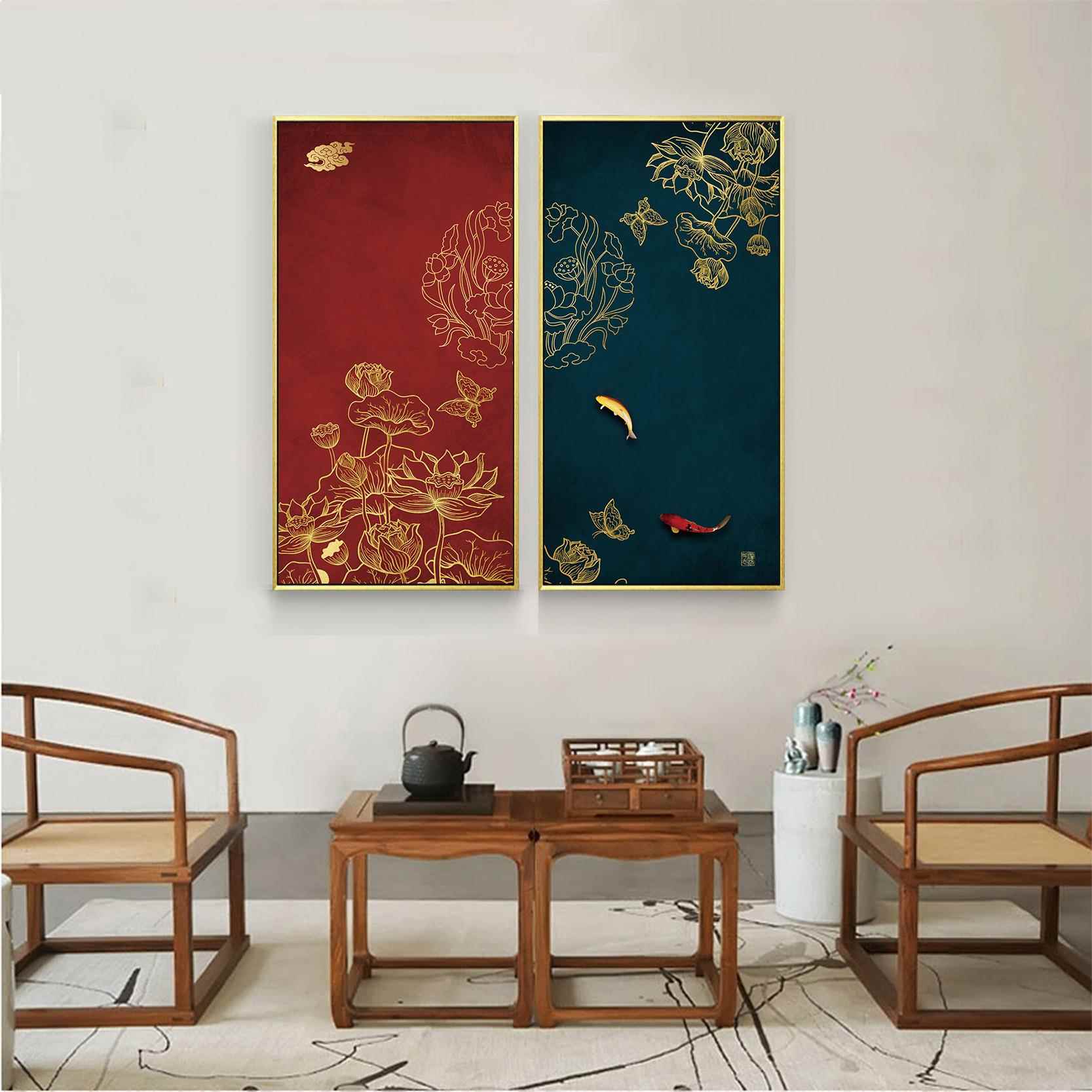 新中ZIL式玄拼关红色装饰画现代客厅餐壁画两厅联竖幅接个性挂墙