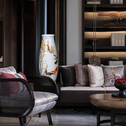 高几插花角陶瓷器景德镇花瓶中式大师手绘装饰品客厅摆件描金家居