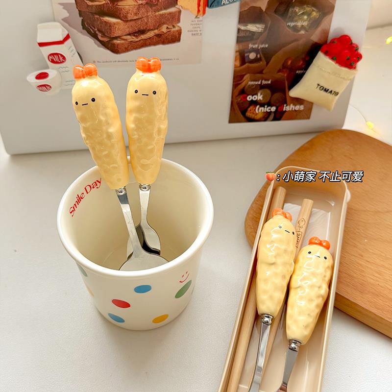 黄色小鸡筷子勺子套装不锈钢学生一人用儿童叉子餐具可携式收纳盒