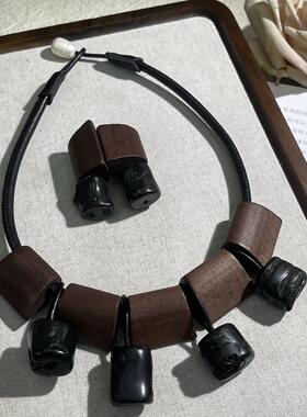 【蜜南】monies风中古vintage 乌木拼珊某瑚精致时尚小众百搭套装