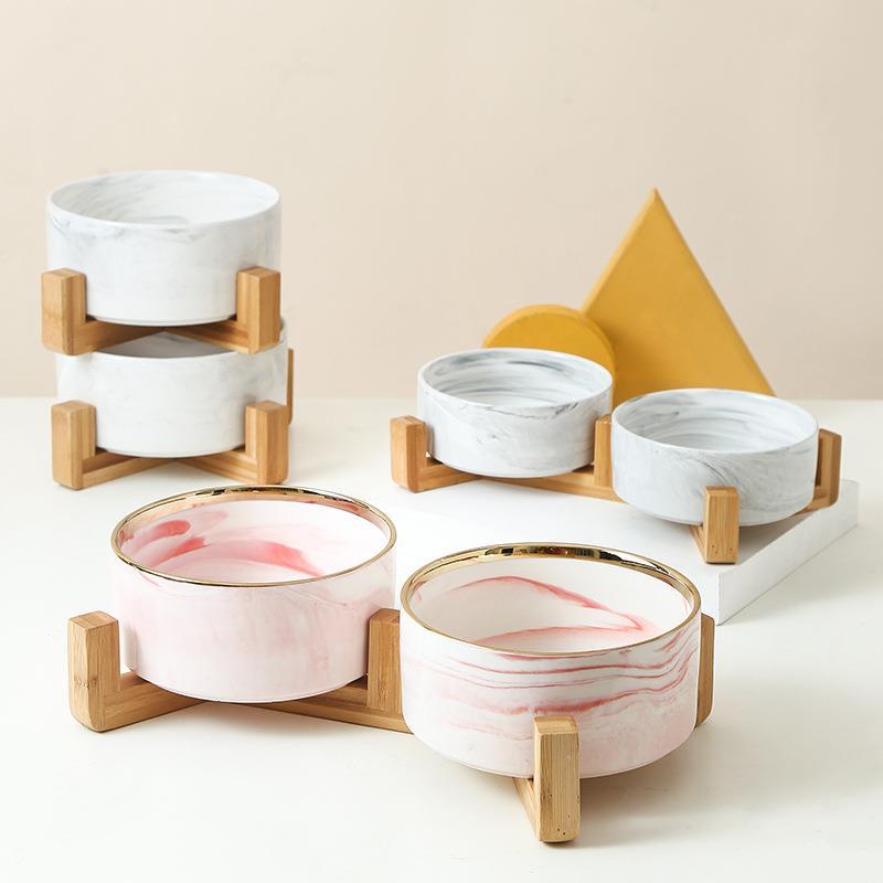 宠物碗猫碗带木架陶瓷猫咪护颈碗饮水碗大理石纹金边双碗宠物用品