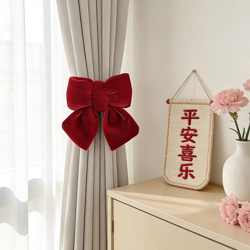 新年窗帘绑带绑绳红丝绒蝴蝶结挂件纱帘固定扣耶诞节结婚乔迁装饰