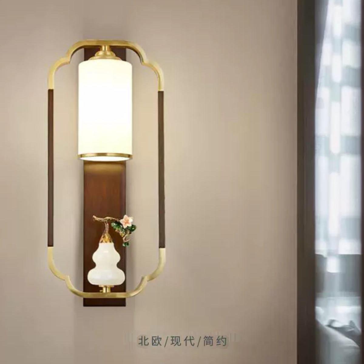 新中式全铜实木高档壁灯禅意玉葫芦客厅卧室背景墙灯卧室床头灯具