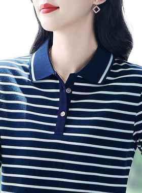 纯棉条纹长袖87116109女春宽秋2025新款妈妈t恤松上时polo衫百搭
