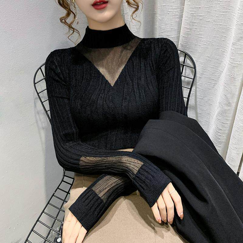 半高领天鹅绒打底衫女秋冬内搭2025新款洋气套头保暖蕾丝针织毛衣