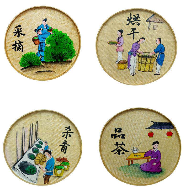 手绘竹编簸箕挂画茶叶制作茶文化茶室墙面装饰挂件墙壁挂饰壁饰品