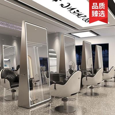 网红美发店镜台双面led带灯落地全身镜不锈钢理发店镜子发廊专用