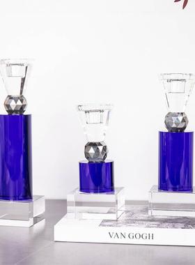 现代简约轻奢家居样板间房透明蓝色水晶烛台摆件餐厅玄关桌装饰品