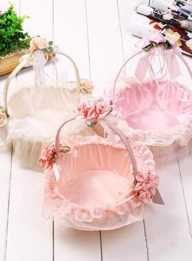 网纱婚庆花篮花童撒花瓣提篮手提藤编蕾丝装饰篮子婚礼伴娘舞蹈篮