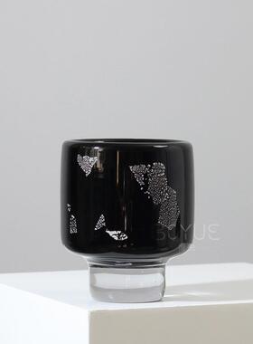 现代简约轻奢创意高脚黑色银箔琉璃花瓶客厅书房特色工艺品装饰品