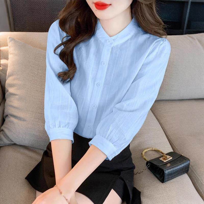 潮牌夏季新款七分袖衬衫女立领小个子中袖上衣薄款小衫防晒衣