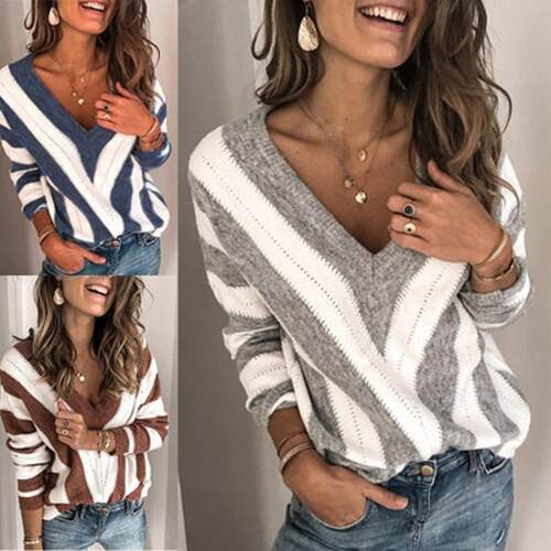 Women'S V Neck Stripe Color Block Loose Oversized Pullover