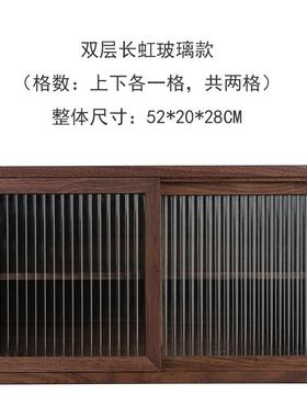正品黑胡桃实木日本桌面纳柜绿色尾海长虹玻璃推拉门燕收榫棠小柜