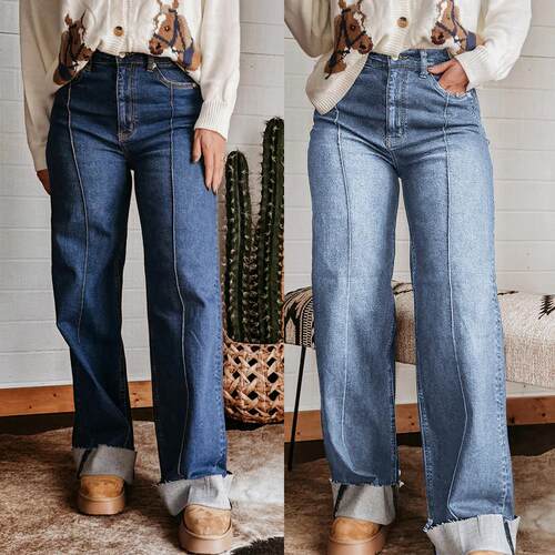 2026 Women Spring Summer Flanged Mid seam Leg Jeans Waist