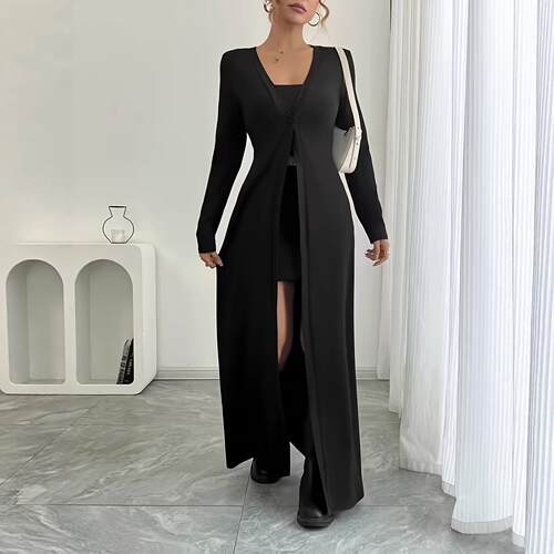 Women's Solid Color Long Casual Knit Cardigan  Long Sleeve