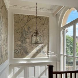 复古美式花鸟孔雀定制无缝墙布壁画新中式，楼梯玄关卧室背景墙壁纸