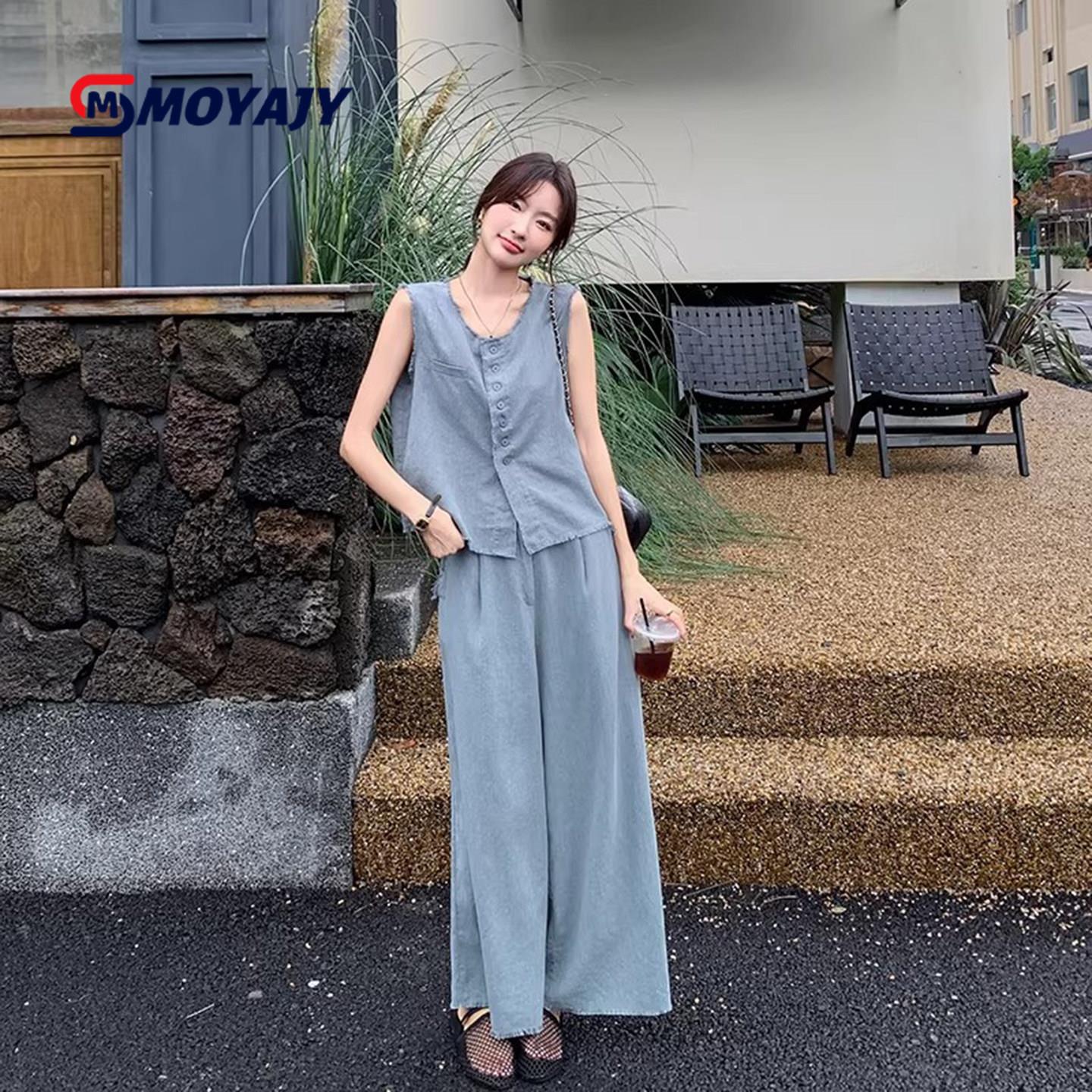 MOYAJY品牌2026夏季新款气质休闲无袖亚麻套装女高端阔腿裤两件套