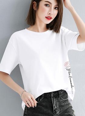 白色纯棉宽松短袖t恤女夏季新款黑色圆领大码正肩半袖印花体恤衫