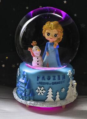 新款直销发光冰雪公主旋转雪花水晶球飘雪玻璃球八音盒女生生日礼