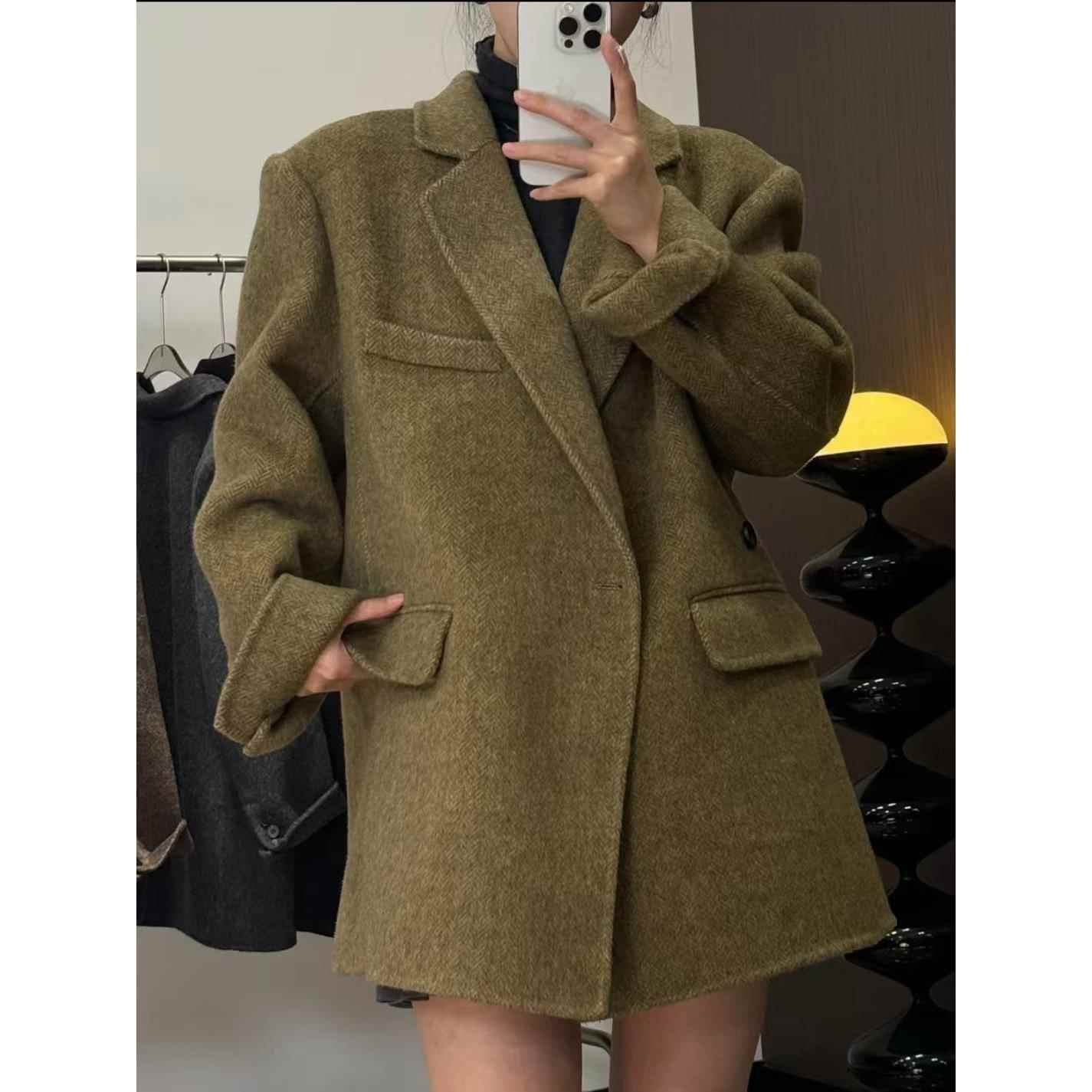2025秋冬款西装领双面羊绒大衣女小个子羊毛呢外套韩版气质羊驼绒