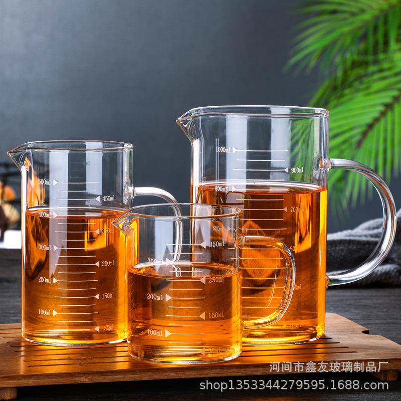 家用加厚烧杯带刻度带盖玻璃量杯牛奶杯烘焙计量杯中年加热量水杯