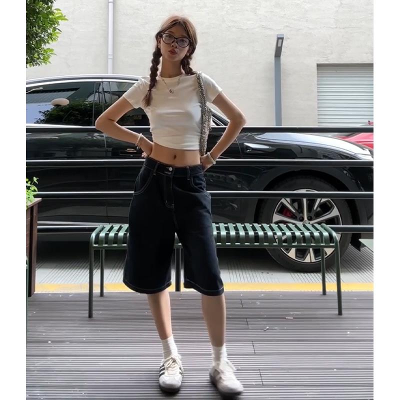 美式黑色牛仔短裤五分裤女夏季高腰显瘦直筒宽松百搭5分阔腿中裤