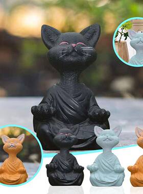 跨境猫冥想动物打坐猫树脂雕像坐禅猫花家居园装饰工艺品摆件雕塑