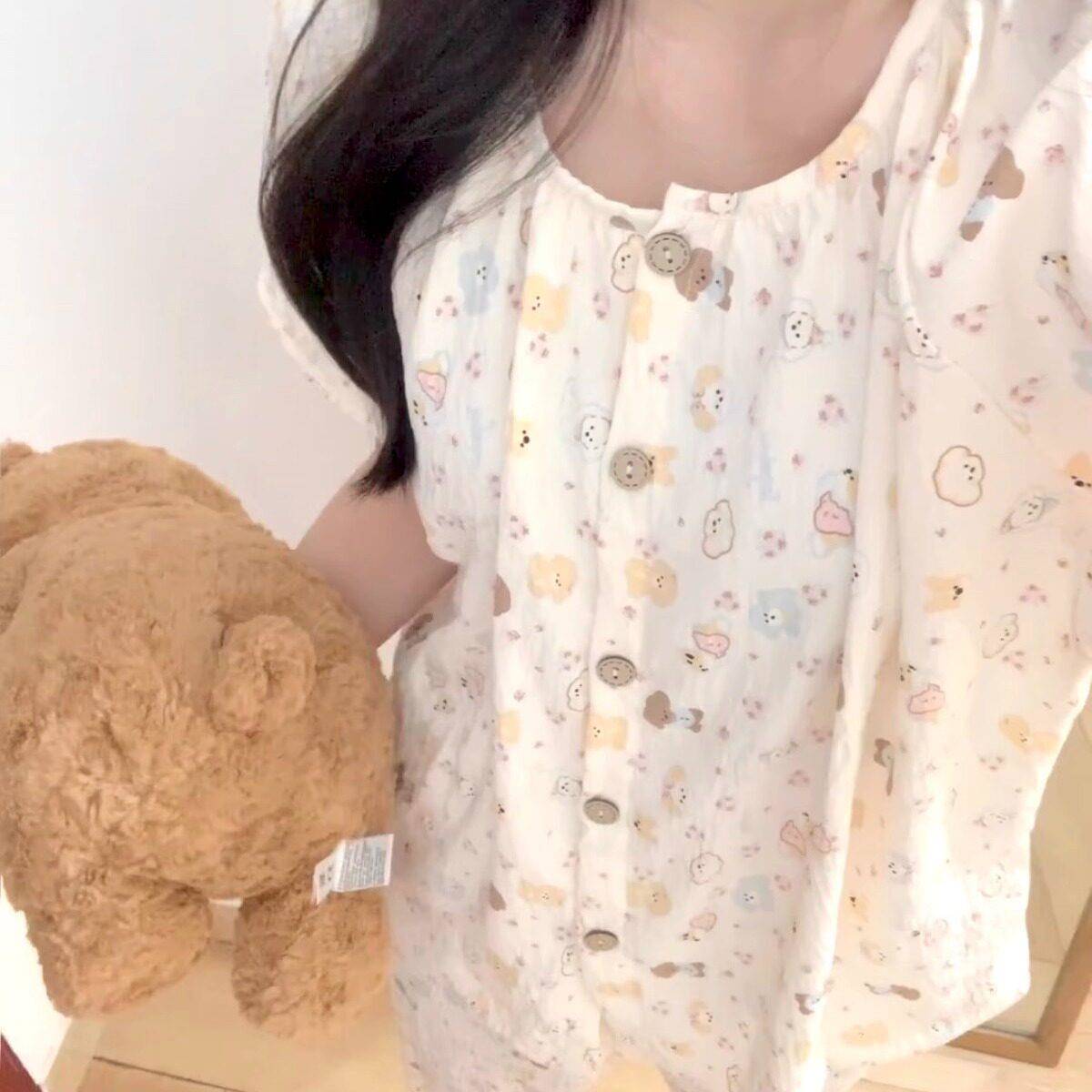 可爱泡芙短袖睡衣女夏季2026新款甜美长裤家居服三件套装0828r