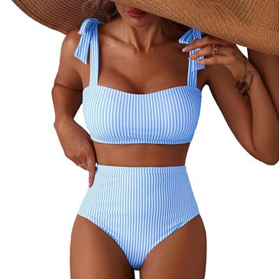 Women's Strap Shoulder Bikini Set Striped Swimsuit High