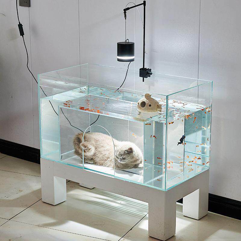 网红金晶5线超白玻璃双孔猫猫鱼缸可带盖观赏逗猫家用猫窝鱼缸