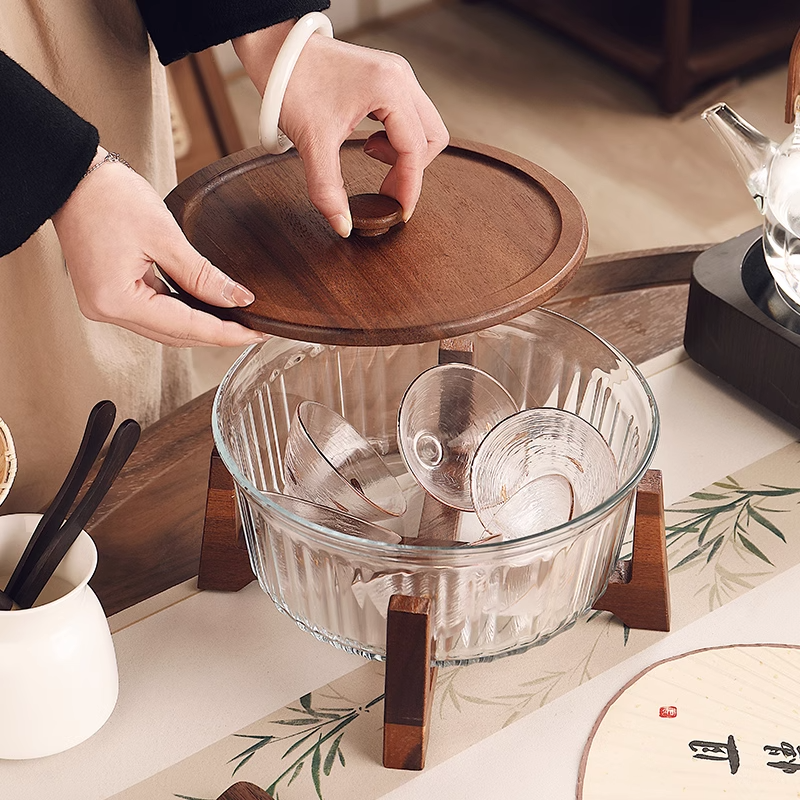 高端玻璃茶洗缸废水缸大号茶盂带盖耐高温茶具配件茶泡台收纳碗盆