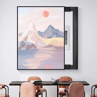 简约手绘日出油画空开弱电箱遮挡挂画推拉免打孔电箱电表箱装饰画