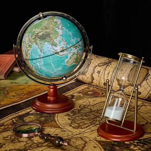 复古怀旧英文地球仪美式家居装饰摆件木质底座婚礼摄影拍摄道具无