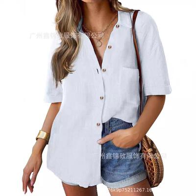 Linen Shirts Women Button Sleeve Collared Casual Summer