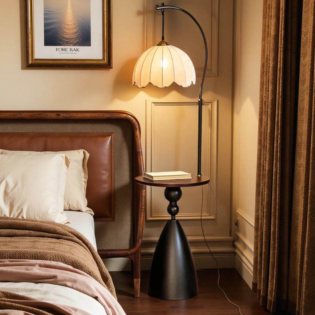 床头柜台灯一体家用卧室小型小众设计感带灯茶几小圆桌边几置物架