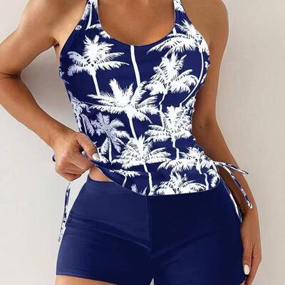Women'S Coconut Tree Print Tankini Set, Casual Sleeveless