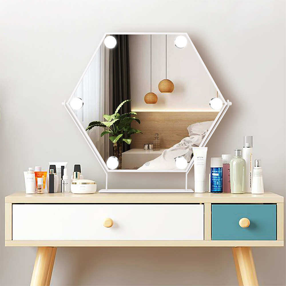 好莱坞led灯台式化妆镜六边形浴室梳妆补光美容三色可调光化妆镜