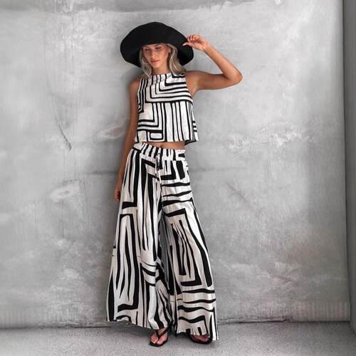 Geometric printed vest wide leg straight leg pants set